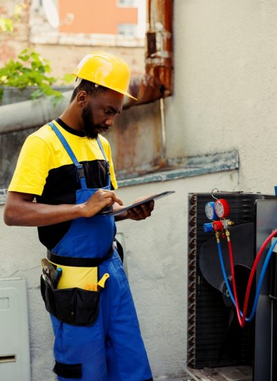 Repairman doing condenser investigations